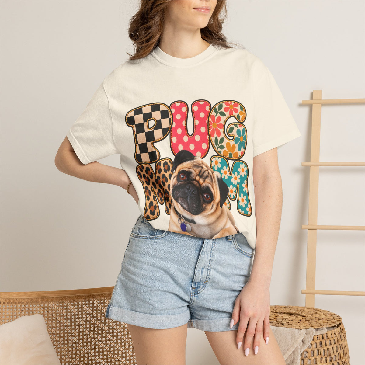 Pug Mom Shirt, Retro Patchwork Pug T-Shirt, Colorful Dog Mom Tee