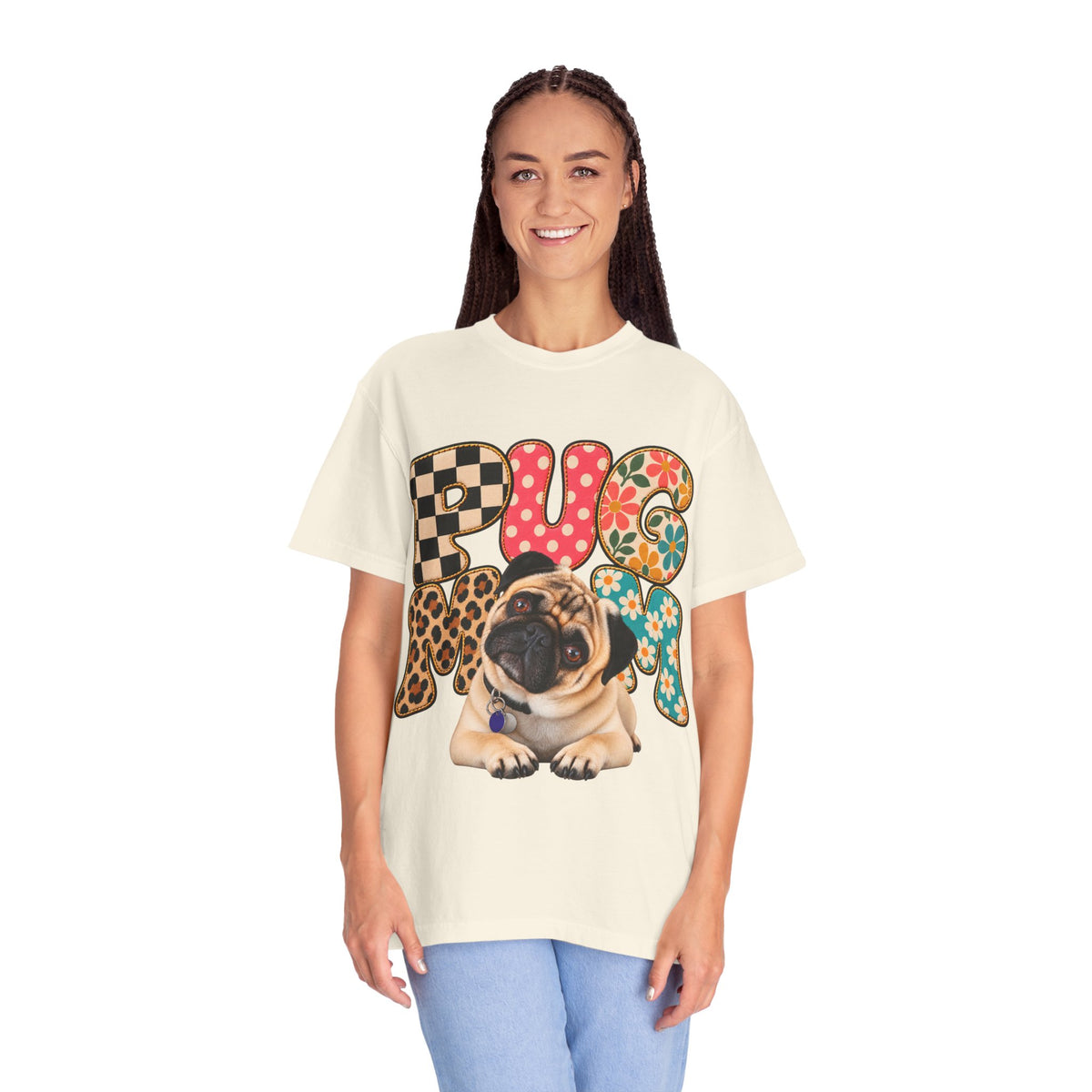 Pug Mom Shirt, Retro Patchwork Pug T-Shirt, Colorful Dog Mom Tee