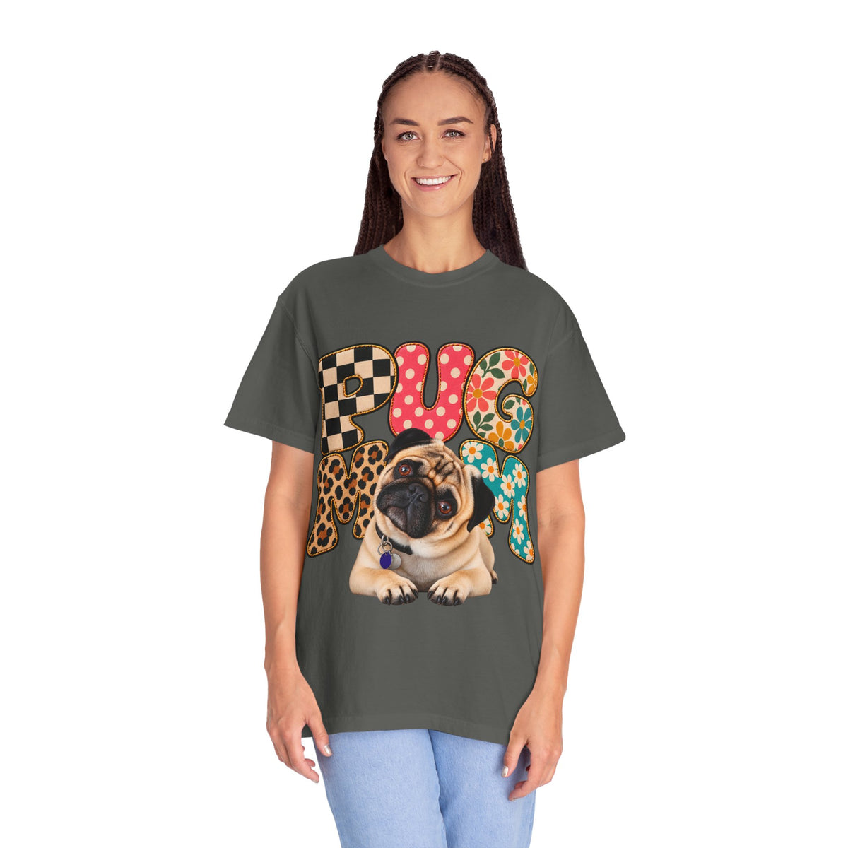 Pug Mom Shirt, Retro Patchwork Pug T-Shirt, Colorful Dog Mom Tee